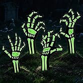 4PCS Solar Glow in the Dark Halloween Skeleton Hand Yard Sign Outdoor Decor | Sunlight UV light Charge, Phosphorescent Afterglow, Fade Resistant Weatherproof Props, Yard Lawn Cemetery Tomb Stake Ornament