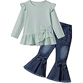 Tainmully Toddler Girl Clothes Solid Color Ruffle Bowtie Top and Flare Pants Set Girls Fall Winter Outfits for 2-7 Years