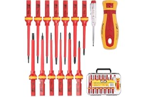 HURRICANE 1000V Insulated Electrician Screwdriver Set, 15 Pieces, CR-V Magnetic Tips with Phillips Slotted Pozidriv Torx Robe