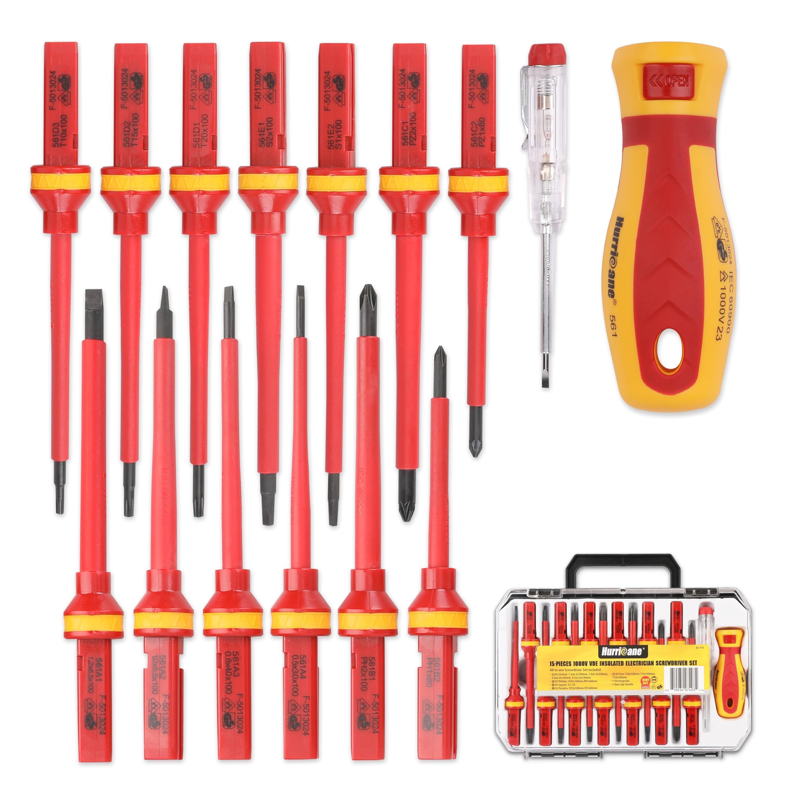 Photo 1 of HURRICANE 1000V Insulated Screwdriver Set, 15pc All-in-1 Professional Insulated Electrician Screwdriver Set CR-V Magnetic Robertson Square Phillips Slotted Pozi Torx Insulated Electrician Tool Kit