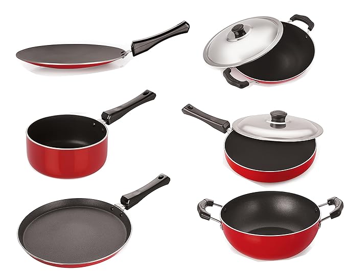 Nirlon Gas Compatible Non-Stick Aluminium Cookware Set 6-Pieces Red/Black 