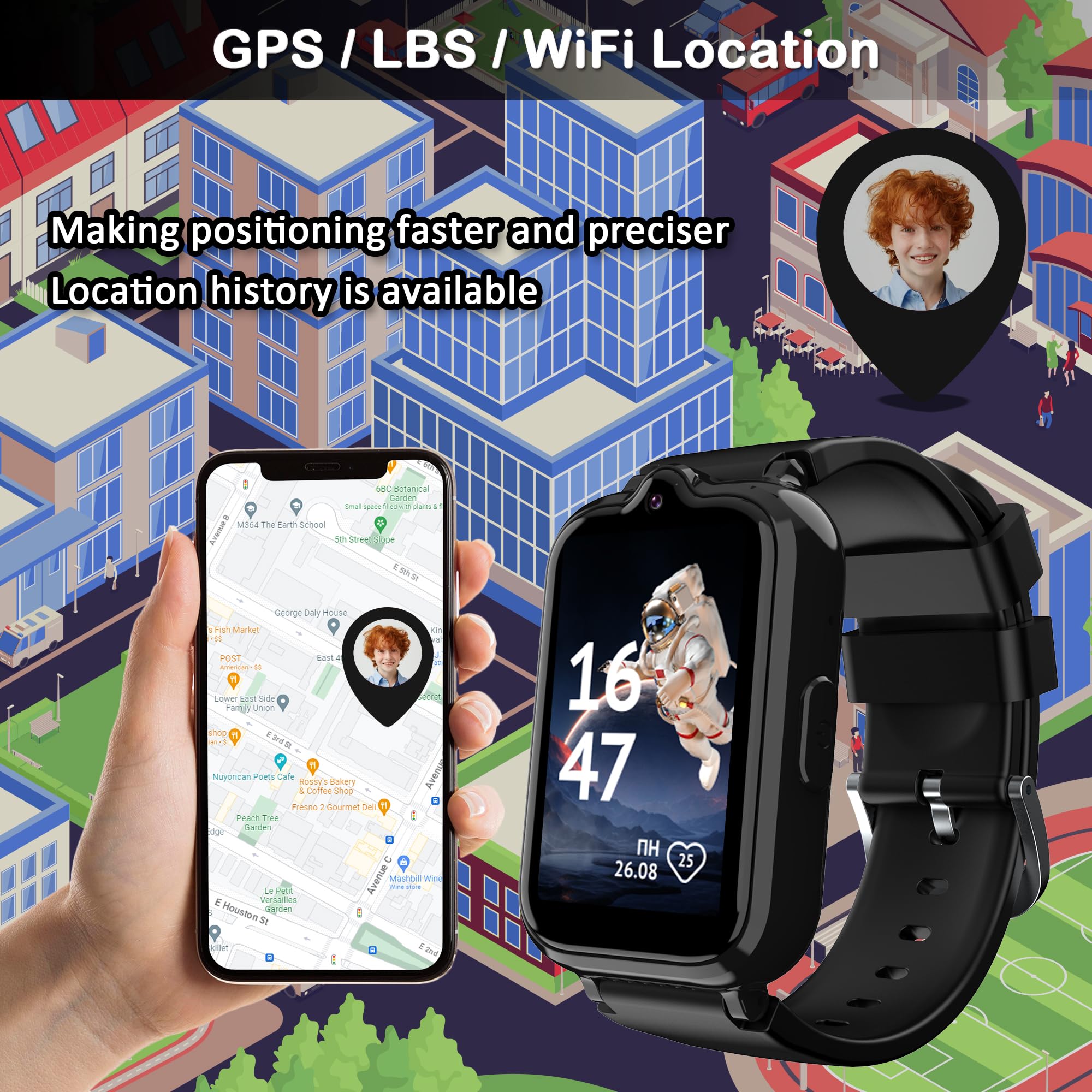 Phyulls 4G Kids Smart Watch with GPS Tracker & Video Calling Kids Cell Phone Watch for Boys Age 5-12, SOS Call Video Voice Chat Camera Alarm Clock Pedometer GPS Tracker Watch for Kids