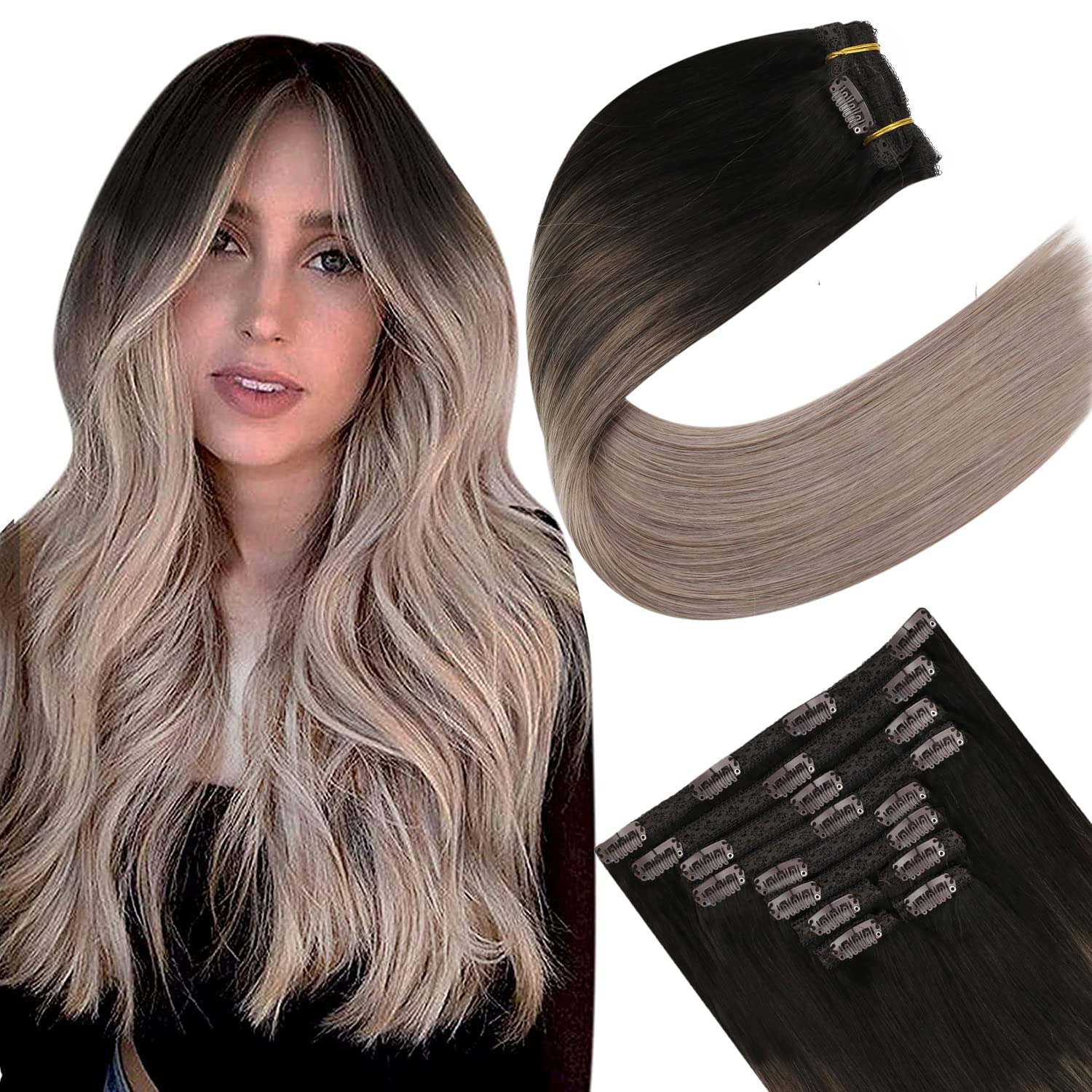 Ugeat Balayage Hair Extensions Clip in 16 Inch Hair Extensions Clip on Real Hair 120 Grams #Bala2/18 Dark Brown with Ash Blonde Hair Extensions Clip on 10 Pieces Per Pack