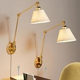 Kacotongh Plug in Wall Sconces Set of Two, Gold Swing Arm Wall Lamp with 6.6FT Plug-in Cord and Knob Switch, Fabric Hardwired Wall Lights for Bedroom, Reading, Study Room, Office, Living Room (2 Pack)