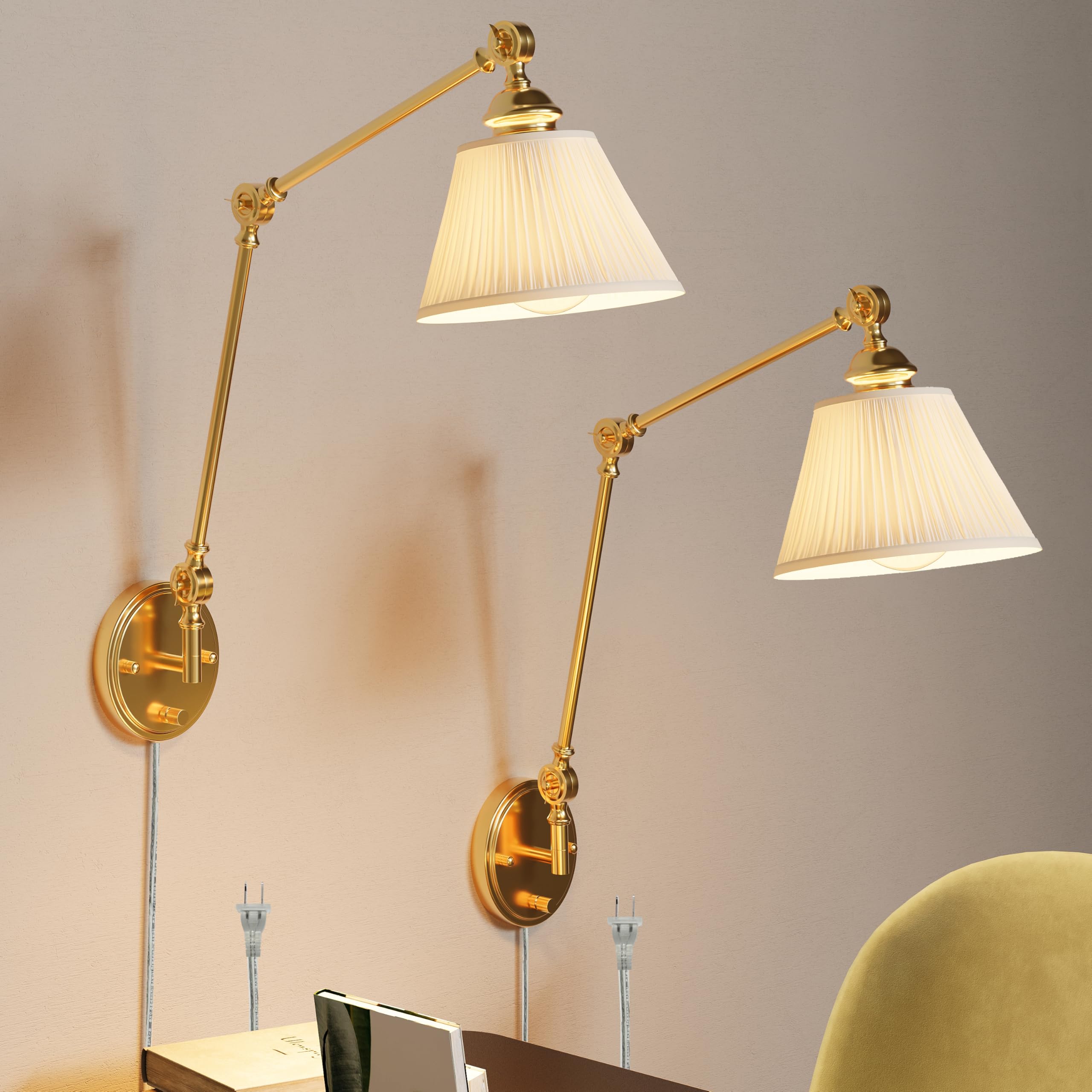 Photo 1 of Kacotongh Plug in Wall Sconces Set of Two, Gold Swing Arm Wall Lamp with 6.6FT Plug-in Cord and Knob Switch, Fabric Hardwired Wall Lights for Bedroom, Reading, Study Room, Office, Living Room (2 Pack)
