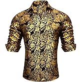 Barry.Wang Men's Disco Dress Shirt Long Sleeve Nightclub Mexico Paisley Floral Shirts Metallic Gothic Shiny Button Down Shirt