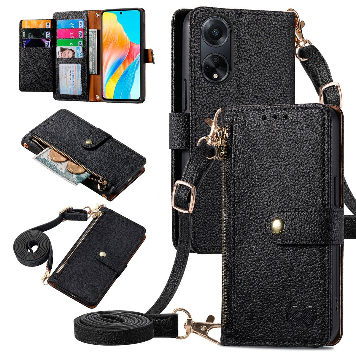 MOJIA Flip Case For OPPO A98 5G, Leather Zipper Flip Wallet Case Cover [with Shoulder Belt], Card Holder Multifunctional Anti-fall Phone Shell. Black