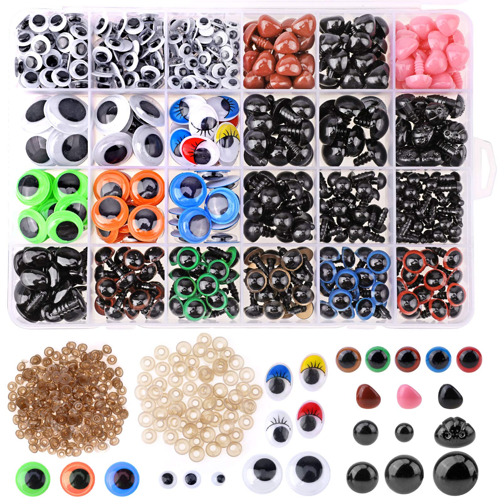 910pcs Plastic Safety Eyes and Googly Eyes with Self-adhesive set, Includes 170pcs Safety Eye and 110pcs Safety Nose with 280pcs Washer for Doll, Crochet Toys, Plush Animal, Teddy Bear Craft Making