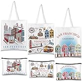 Reginary 6 Pcs City Souvenirs Gifts New York Italy Chicago Seattle Los Angeles Souvenir Canvas Tote Bag Cosmetic Bag Women