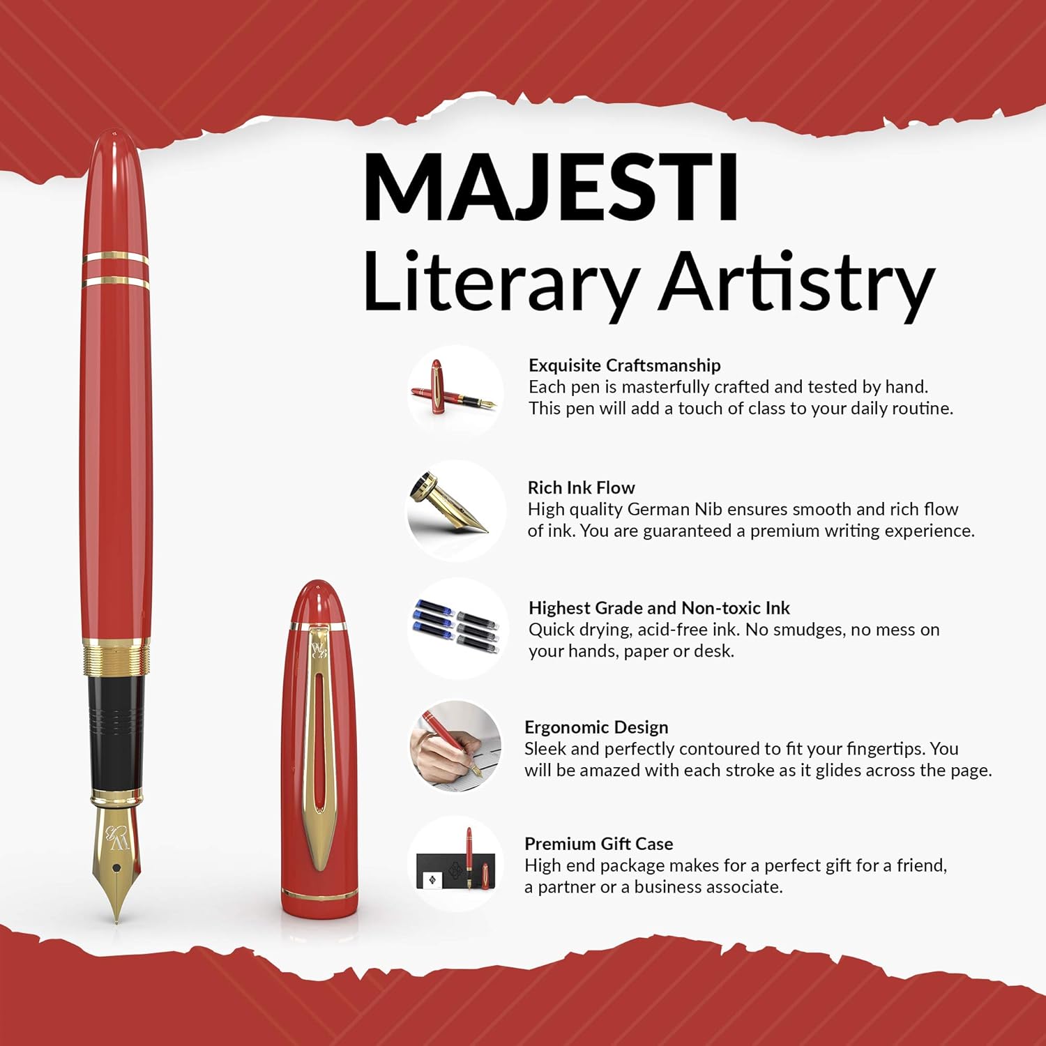 Wordsworth & Black Majesti Fountain Pen-(Red), Luxury Case, 24K Gold Finish; 18K Gilded Medium Nib- Ink Cartridges - Image 4