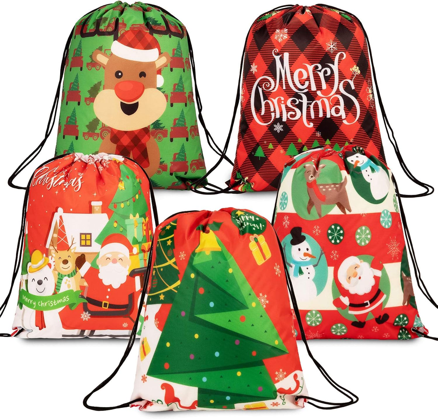 Whaline Christmas Drawstring Gift Bags Large Xmas Tree Reindeer Santa