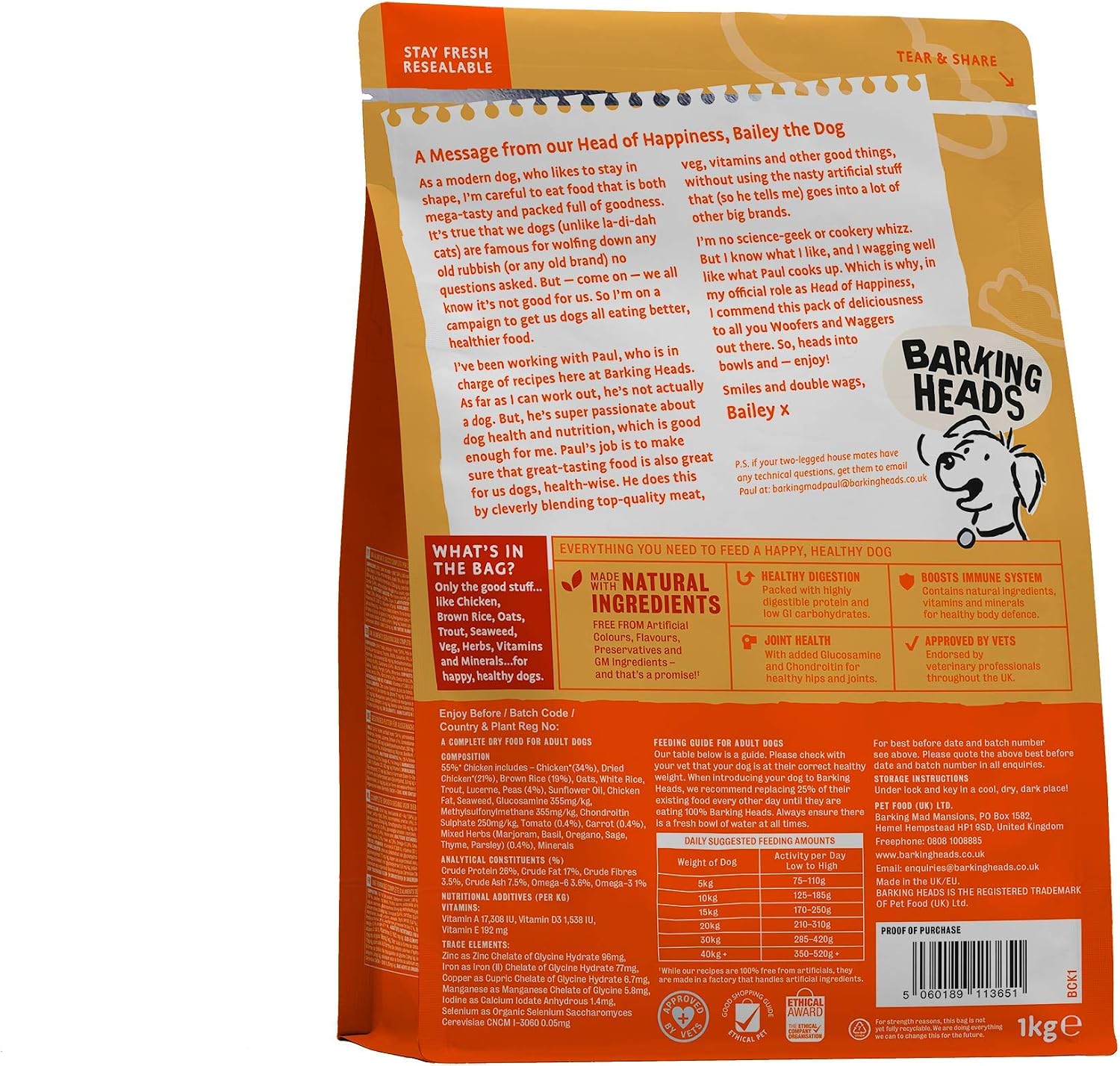 Barking Heads Complete Dry Dog Food 1kg x 4, Adult All Hounder Bowl Lickin' Goodness Chicken - Image 4