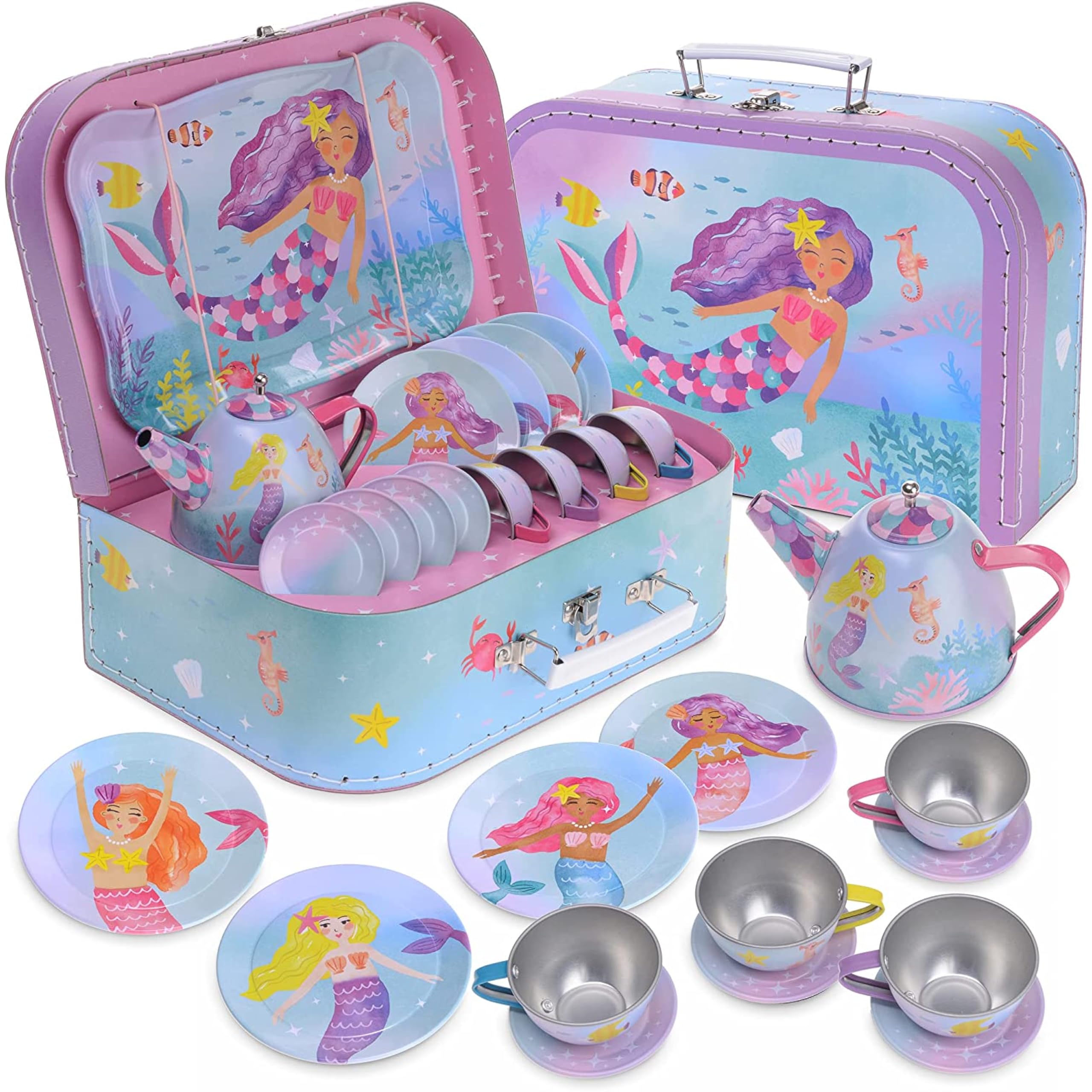 Photo 1 of Jewelkeeper Mermaid Tea Party Set for Kids - 15 Pcs Toddler Toys for Girls - Includes Teapot, Cups, Saucers, Plates, and Tray - Durable Tin Tea Set with Carrying Case - Fun Mermaid Design