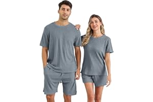 EISHOPEER Matching Pajamas for Couples Ribbed Knit Pajama Short Sleeve Soft Sleepwear 2 Piece Loungewear S-XXL