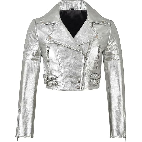Ladies Biker Metallic Leather Jacket Cropped Short Body Style Real