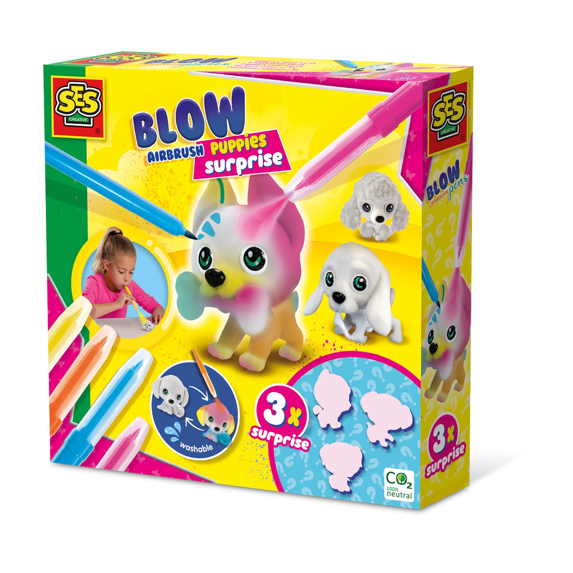 SES Creative 14333 - Blow airbrush pens - Puppies surprise 3x, collect all 9 puppies, with soft fur, reusable after rinsing, set for children 5 years and older, Yellow