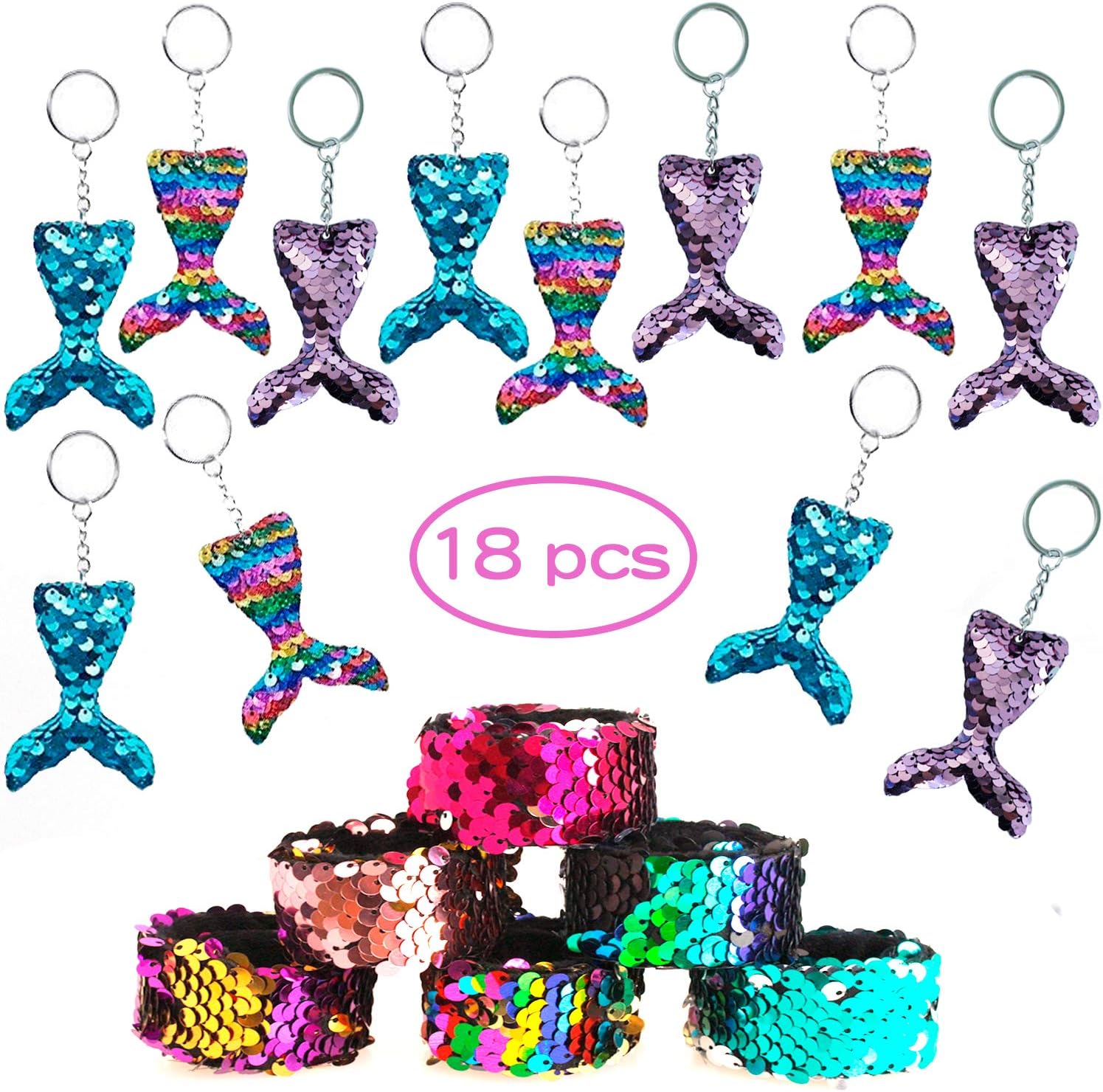 Witch pocket 18 Pcs Mermaid Magic Reversible Sequins Slap Bracelets and Glitter Sequins Mermaid Key Chains for Kids Birthday Little Mermaid Party Favors Supplies