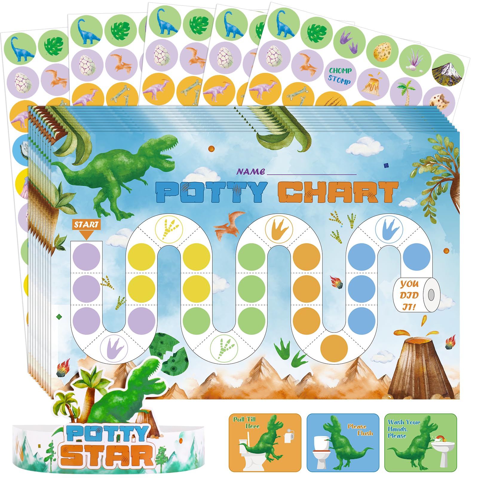 Lemicin Potty Training Reward Chart - 10 Sheets Dinosaur Toilet Training Reward Chart with 300pcs Potty Training Stickers Rewarding Crown for for Toddler Children Behavior