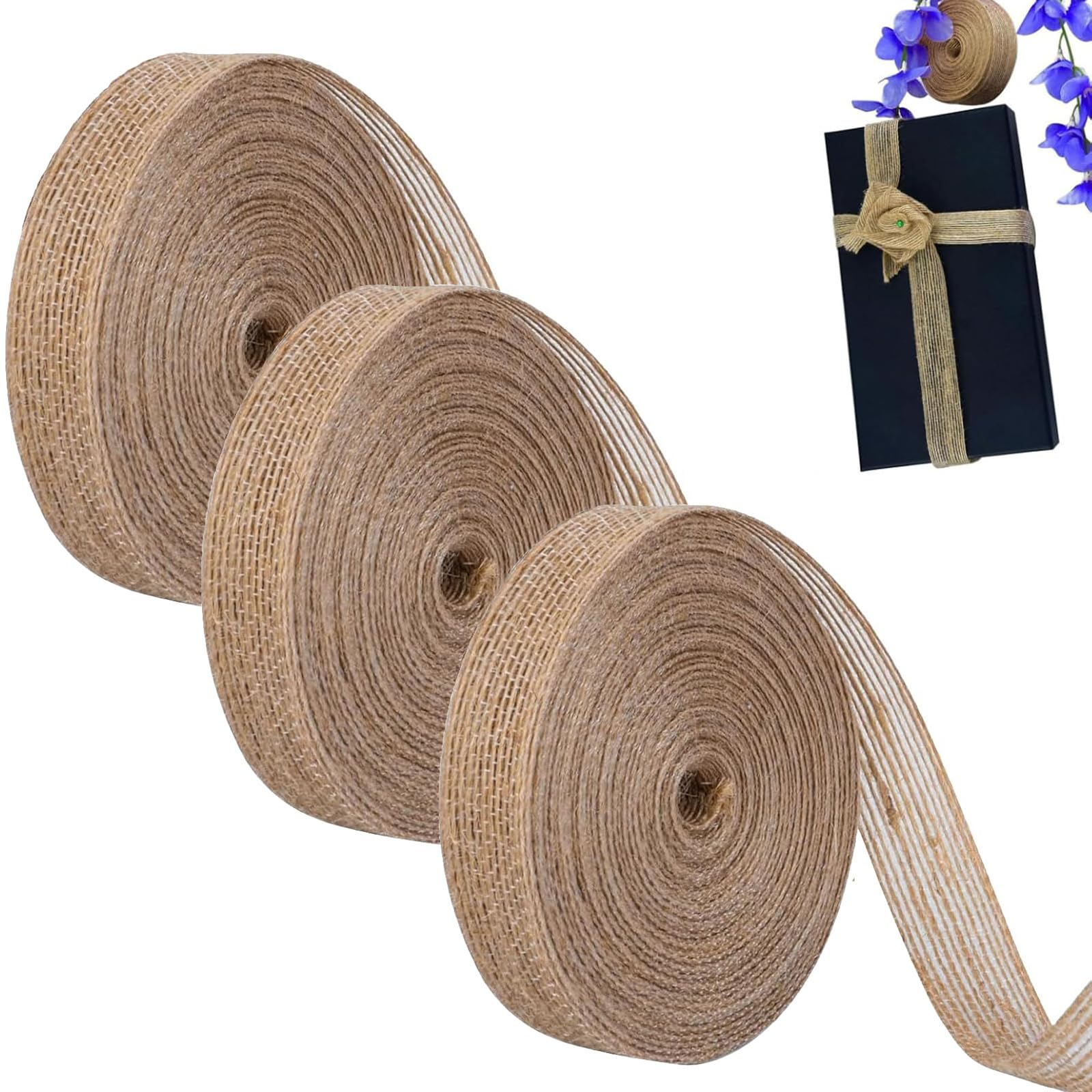 3 Rolls Jute Hessian Ribbon, 2cm*10m - Handmade Sewing Crafts Accessories, Rural Linen Gift Packaging - Used for Party Decoration and DIY Crafts