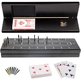 WE Games Wooden Cribbage Board Game Set with Storage, Black Stained Continuous 3 Track Card Game for 2-3 Players