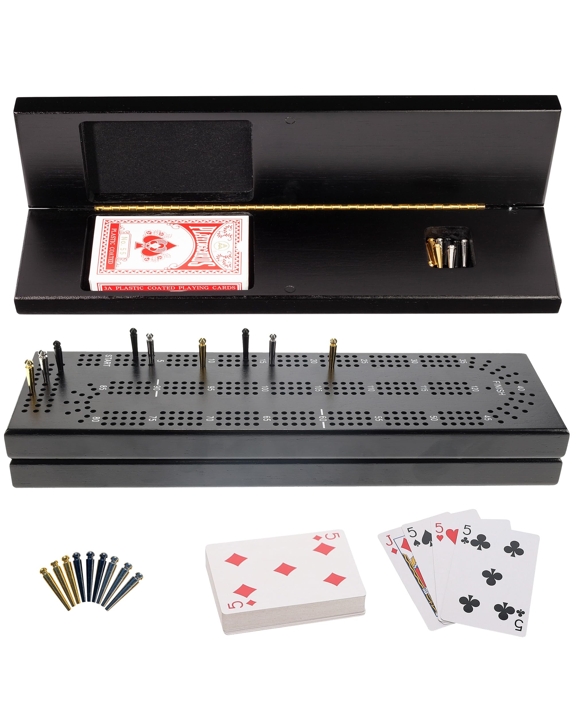 WE Games Cribbage Board With Pegs - Travel Board with 9 Metal Pegs & Playing Cards for Fun Family Game Night, Black Stained