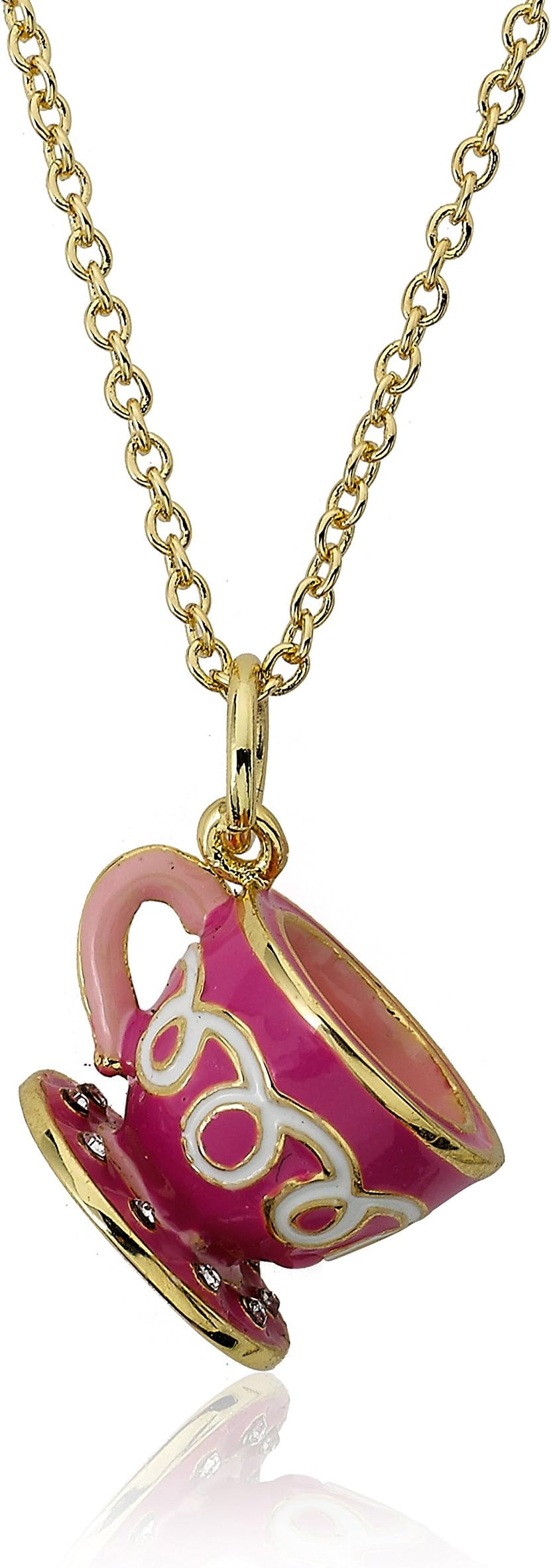 Molly Glitz Tea for Two 14k Gold-Plated Hot Pink & Pink Enamel Crystal Dotted Tea Cup Pendant Necklace Accented With White Swirl Detail Brass 14"/2"