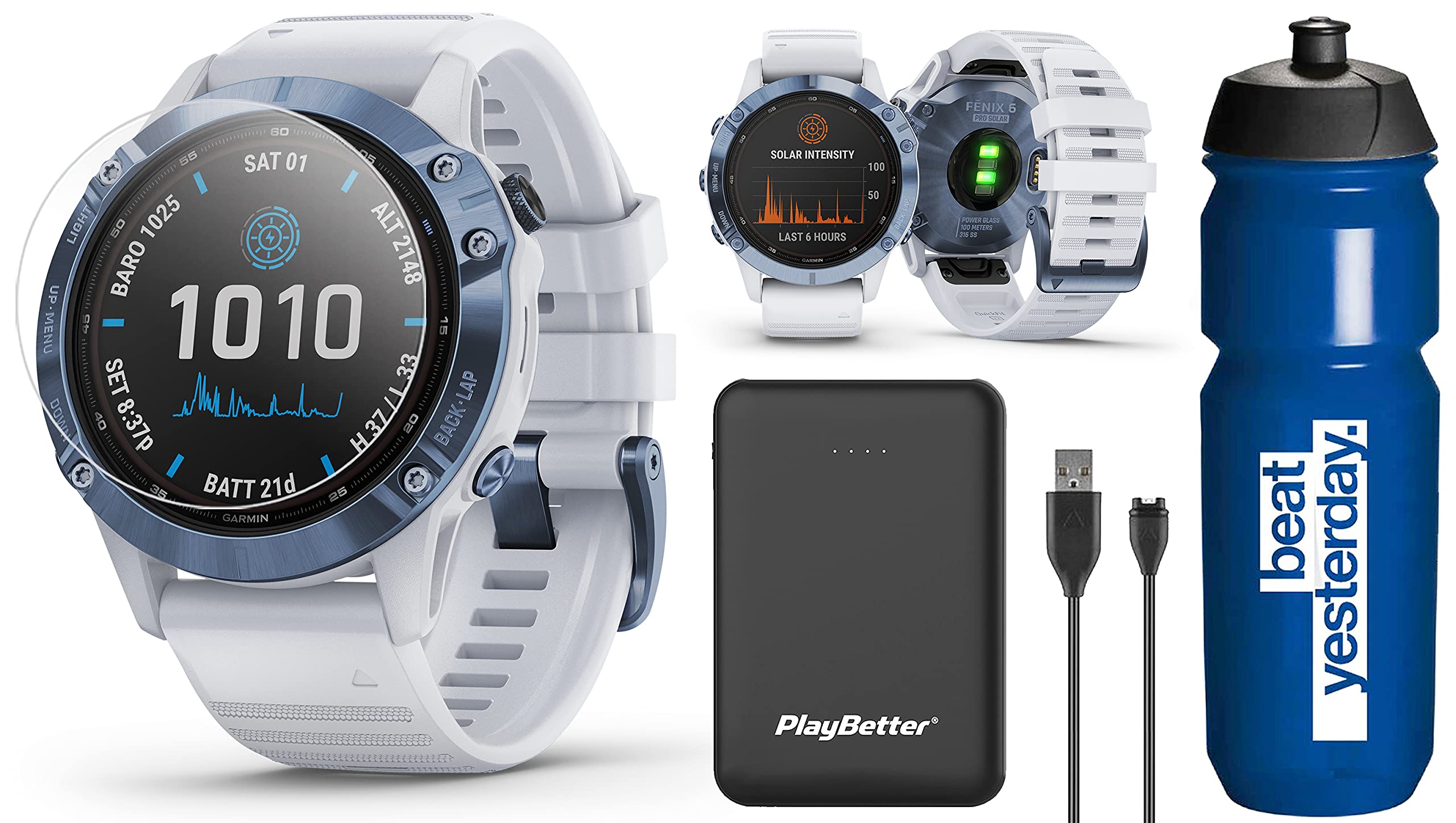 Garmin Fenix 6 Pro Solar (Mineral Blue with Whitestone Band) Runner's Bundle | +Garmin Water Bottle, HD Screen Protectors & PlayBetter Charger | Solar Charging, PacePro & Music