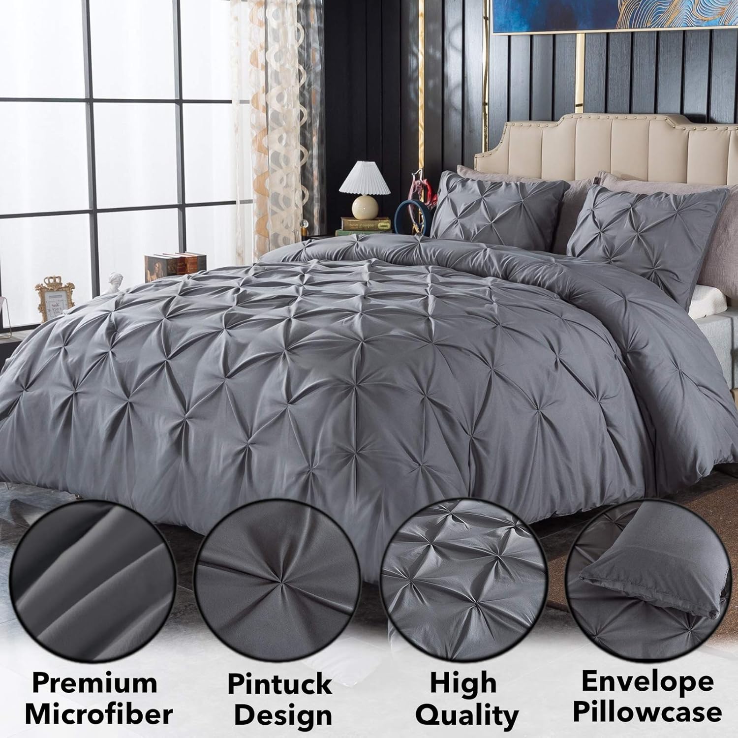 Andency Dark Gray Pinch Pleat Comforter Queen(90x90Inch), 3 Piece(1 Pintuck Comforter and 2 Pillowcases) Grey Pintuck Microfiber Down Alternative Comforter Bedding Set: Kitchen & Dining