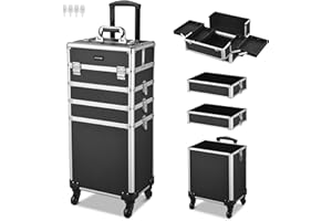 BYOOTIQUE Rolling Makeup Train Case 4in1 Cosmetic Trolley Organizer Travel Case Lockable Salon Barber Case Traveling Cart Trunk with Detachable Removable Wheels for Makeup Artist Trave Nail, Black