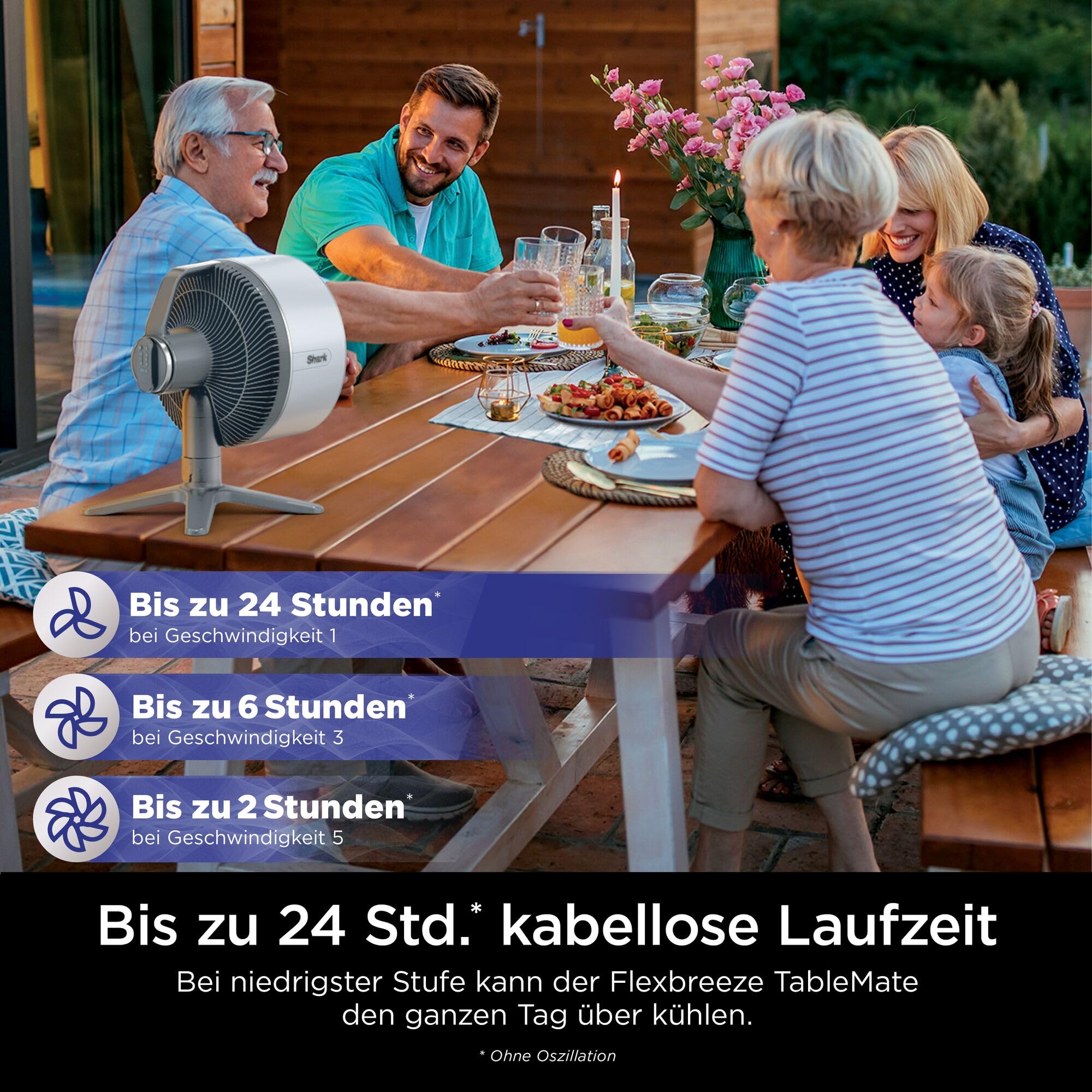 Shark FlexBreeze TableMate Akku-Ventilator, innen & außen, ≤24h Laufzeit, Hochgeschwindigkeits-Kühlung, 20 m Reichweite, leise & langlebig, 5 Geschwindigkeiten, Oszillation, Fernbedienung FA150EU 2