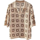 SHENHE Men's Crochet Knit Button Down Shirt Short Sleeve Sheer Collared Beach Shirt Top