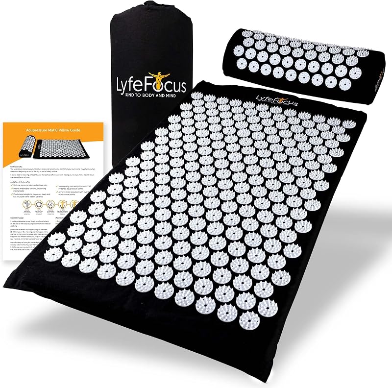 LyfeFocus Acupressure Mat & Pillow Set with Travel Bag Black White