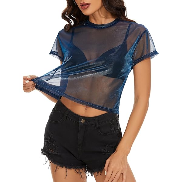 CERYIWER Womens See Through Shirts Short Sleeve Sexy Mesh