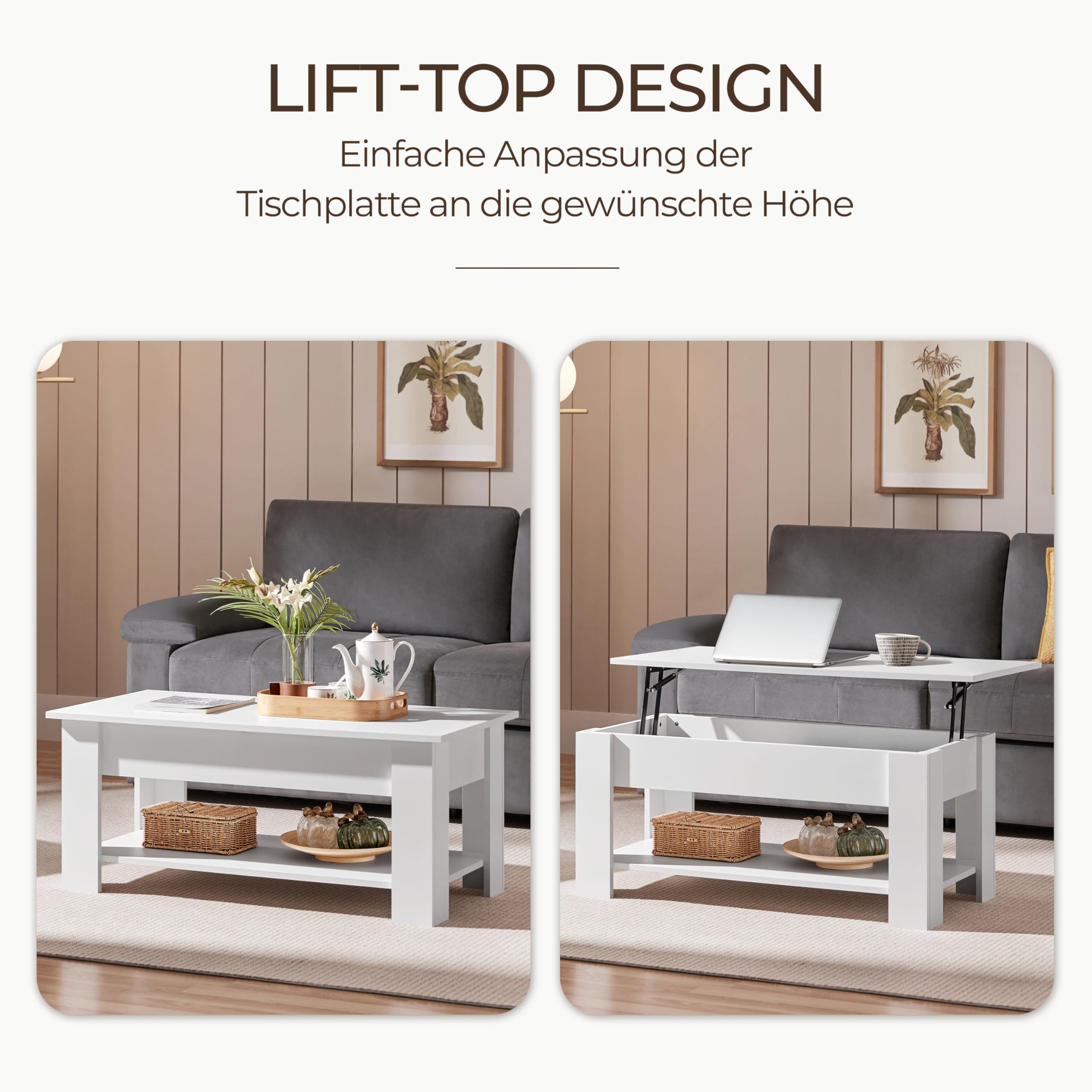 Yaheetech Couchtisch mit Höhenverstellbarer Platte Kaffeetisch ausziehbarer Wohnzimmertisch Sofatisch für Wohnzimmer, Büro, weiß 7