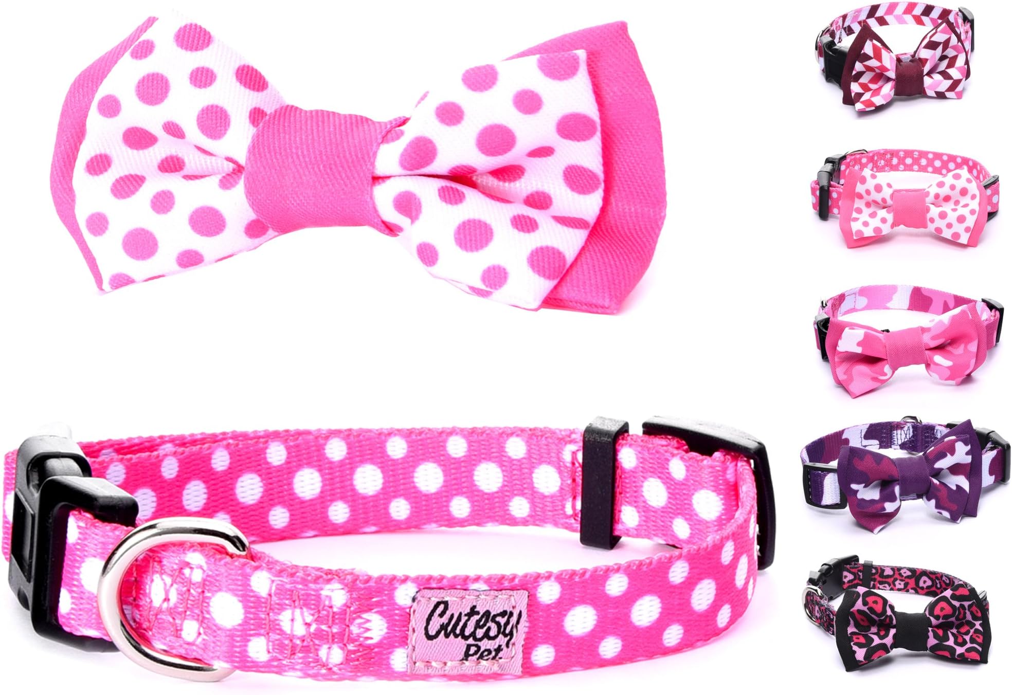 Cutesy Pet | Designer Dog Collar with Adjustable Bow | Comfortable and Strong | Durable and Cute and Made for Adventure | 5 Designs in 4 Sizes | Small, Medium, and Large Dogs | Pink Polka Dots | Large