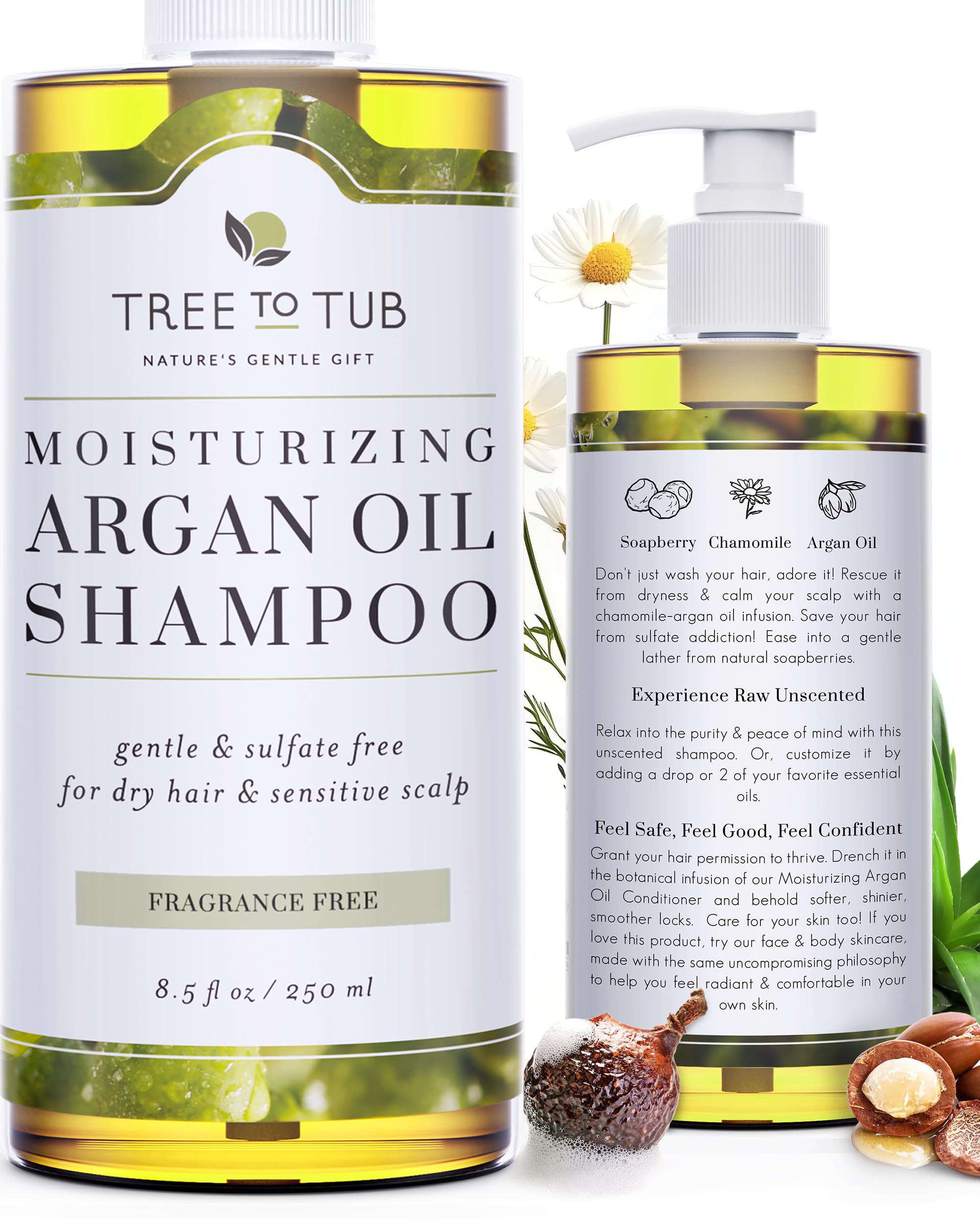 Tree To Tub Fragrance Free Shampoo for Dry & Sensitive Scalp - Gentle Unscented Hydrating Hair Shampoo for Women & Men, Moisturizing Sulfate Free Shampoo w/Organic Argan Oil, All Natural Aloe Vera — image 1