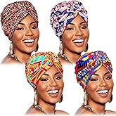 SATINIOR 4 Pieces African Pattern Headwrap Pre-Tied Bonnet Turban Knot Beanie Cap Headwrap Hat