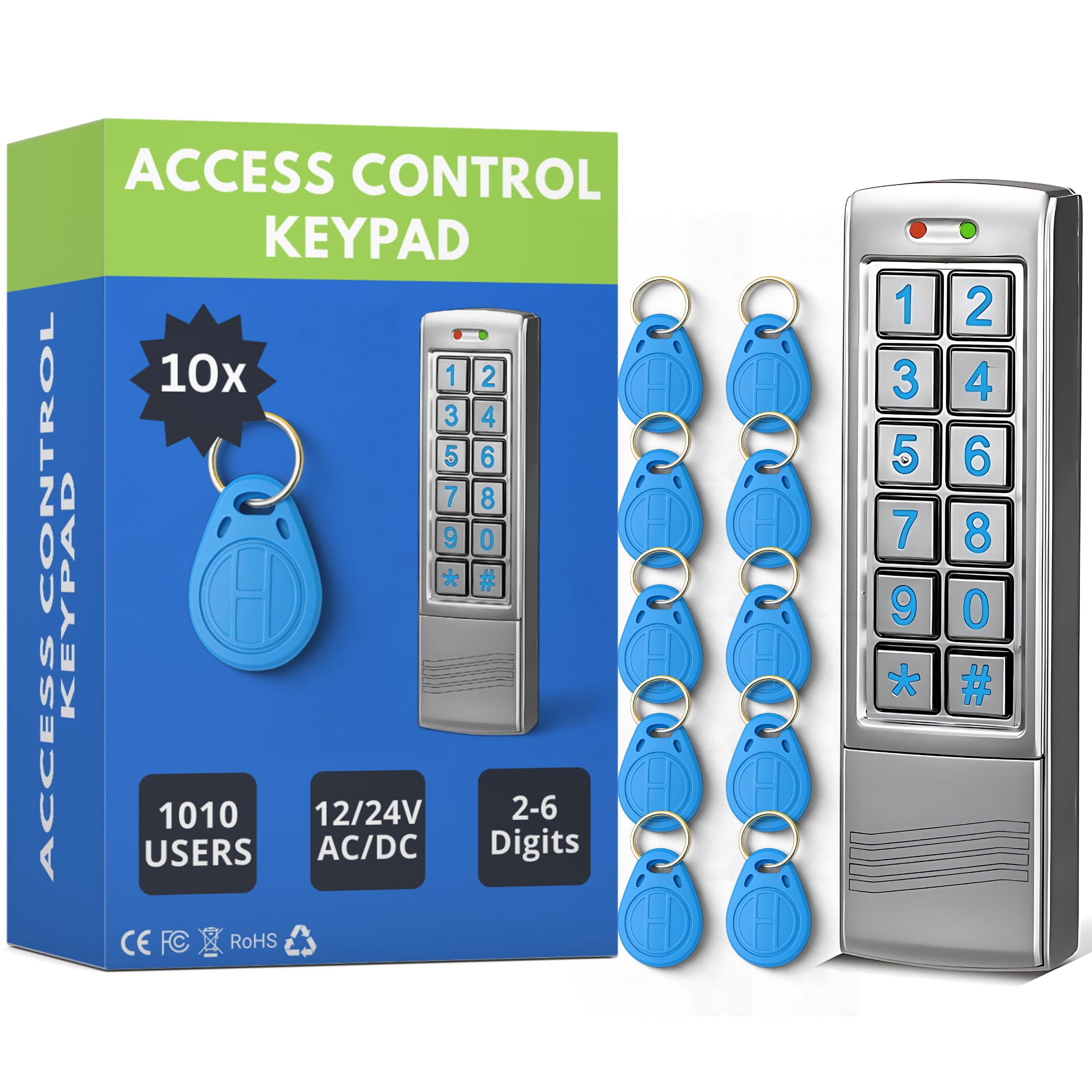 SecureMyDoor Proximity Digital Keypad for Door Entry System | Both RFID Fobs and PIN code Entry | IP65 Weather Resistant for Outdoor and Indoor Use | Standalone Touchpad Backlight LED Keypad