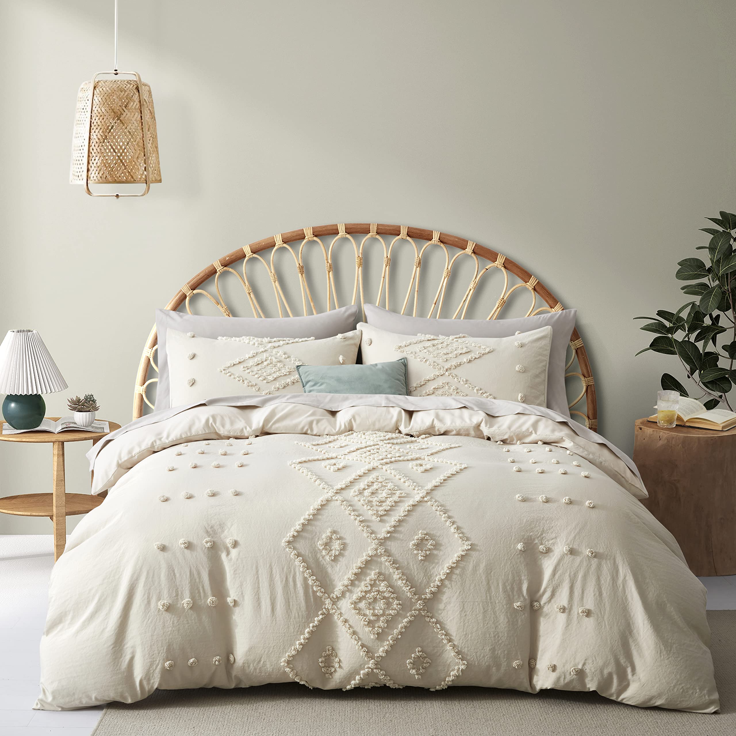 Oli Anderson Tufted Duvet Cover King Size, Soft and Lightweight Duvet Covers Set for All Seasons, 3 Pieces Boho Embroidery Shabby Chic Bedding Set (Beige, King, 104’’ x 90’’)