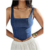WDIRARA Women's Square Neck Sleeveless Corset Denim Top Zip Back Asymmetrical Hem Tank Top