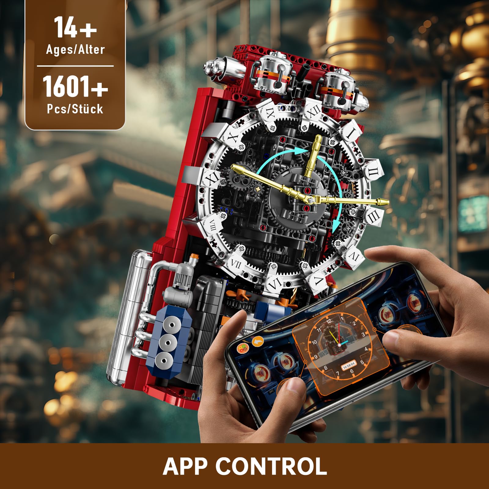 Mould King 10187 Technik Ferngesteuert Mechanische Engine Uhr Klemmbausteine mit APP Retro Pendeluhr Bausteine DIY Bauspielzeug Kompatibel mit Andere Marken(1601 Teile) 2