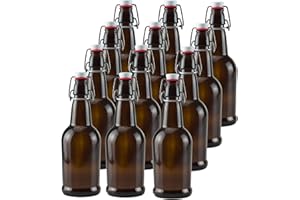 Ilyapa 16 Ounce Amber Swing Top Glass Beer Bottles for Home Brewing - Carbonated Drinks, Kombucha, Kefir, Soda, Juice, Fermentation, 12 Pack Glass Bottle with Airtight Rubber Seal Flip Caps