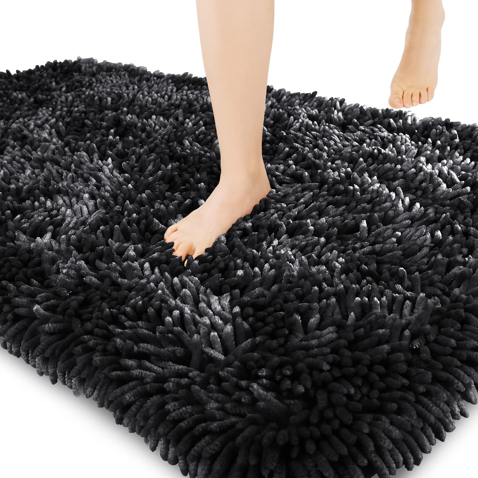 Yimobra Luxury Chenille Bath Mat, Extra Soft and Absorbent Shaggy Bathroom mats Non Slip, Machine Washble Dry, Plush Floor Carpet for Tub, Shower, and Bath Room, Black, 43 x 61 cm