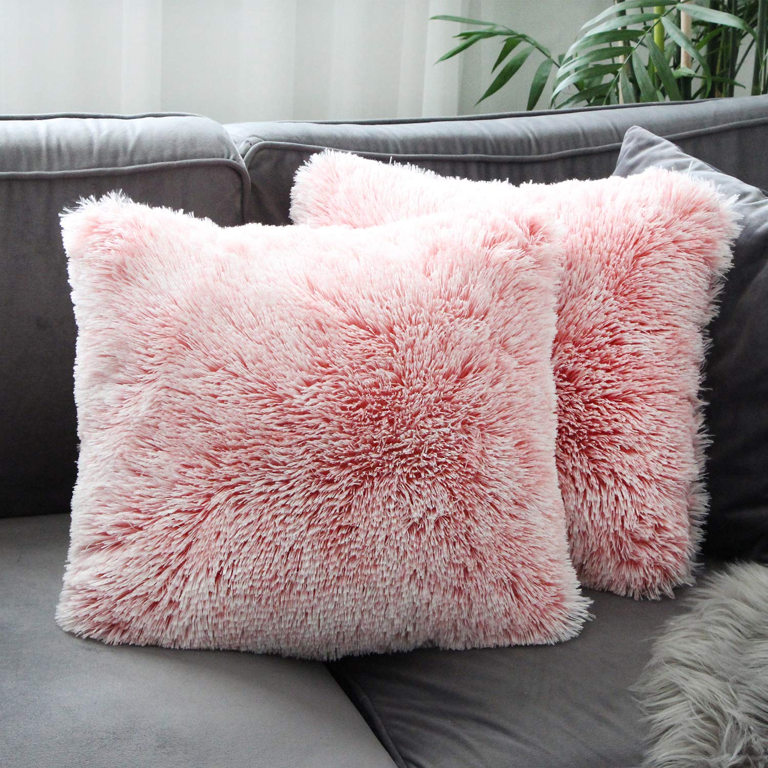Uhomy 2 Packs Fall Winter Home Decorative Fluffy Plush Pillow Cover 18"x18", Luxury Pink Ombre Super Soft Plush Faux Fur Throw Pillow Cover Pink Ombre Cushion Case for Sofa Bed 45x45 cm