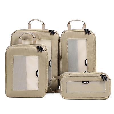 EPICKA TripCozy Compression Packing Cubes - 4 Set Durable Travel Organizer Bags with Mesh Top, Expandable Travel Accessories for Carry on, Luggage, Suitcase, Backpack (Khaki)