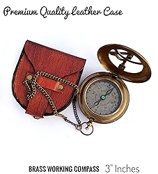 Brass Sundial Compass with Leather Case and Chain