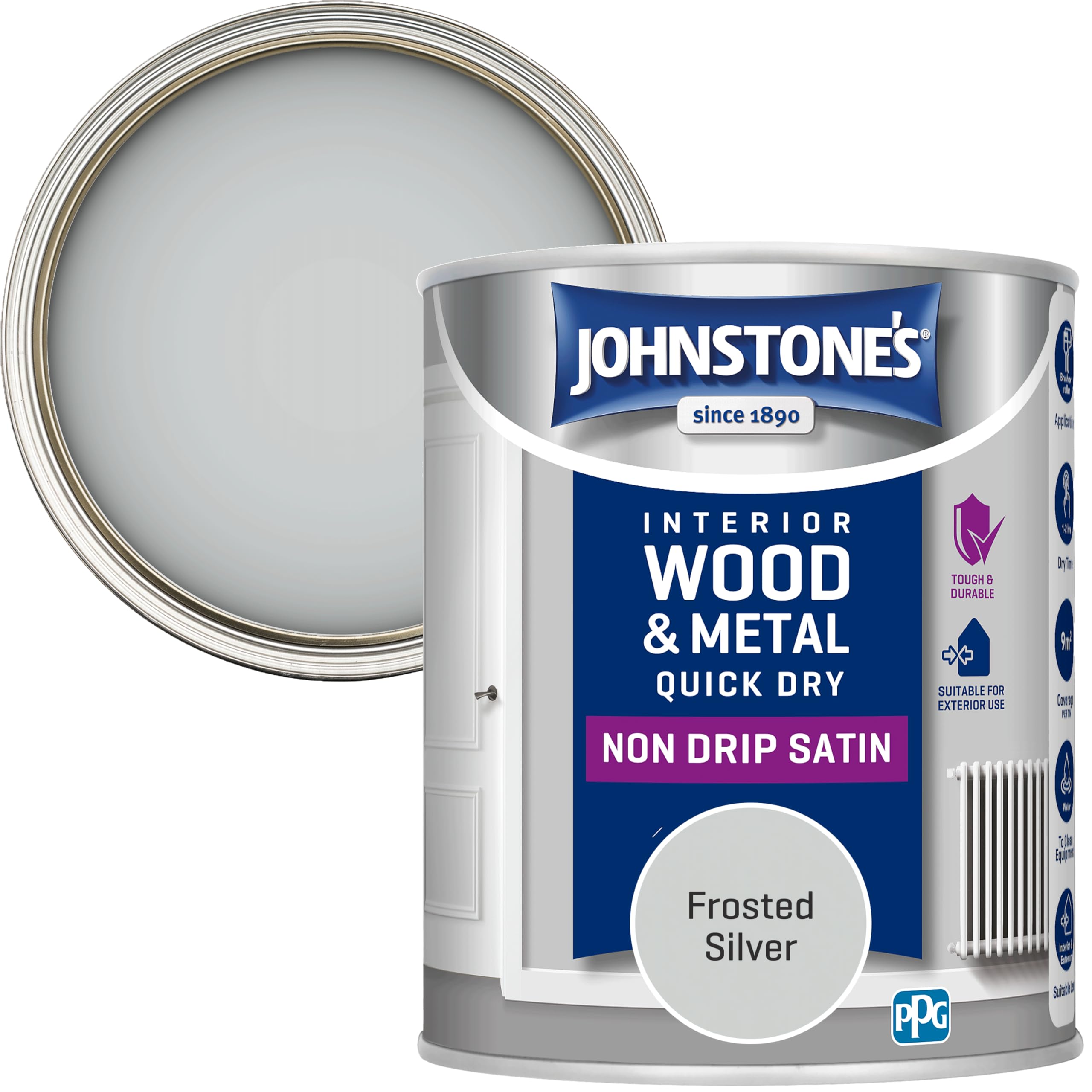 Johnstone's - Wood & Metal Paint - Satin Finish - Frosted Silver - 750ml - Water Based - Non Drip & Quick Drying - Radiator Paint - Low Odour - Dry in 1-2 Hours - 8m2 Coverage per Litre