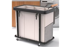KUNLABORI 230L (60 Gal) Extra Large Fashion Laundry Sorter 3 Section with Lid, Rolling Laundry Basket Hamper with Handle, Laundry Organizer Storage Cart with Sturdy Metal Frame for Laundry Room, Hotel, White
