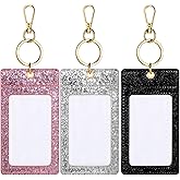 Weewooday 3 Pcs Multicolor Glitter ID Badge Holder with Clear Window Sparkling Badge Holder Key Chain Work Badges Reel Clip PU Leather Keychain Accessory for Nurse, Teacher, Student, Doctor, Women