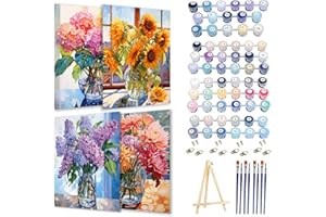 Pretyps Paint by Numbers Kit for Adults Framed Canvas, 4 Pack with Wooden Easel,Paint by Numbers for Kids Ages 8-12, Flowers DIY Acrylic Landscape Oil Painting Arts Crafts, 9.45x11.8inch